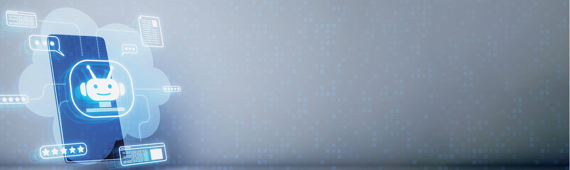 Holographic chatbot icon on a smartphone screen surrounded by digital communication