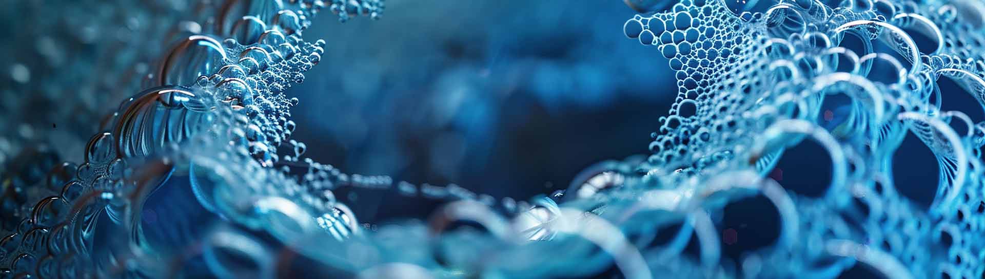 close-up view of intricate blue bubbles and foam with a crystalline, molecular structure of ozone ionization.