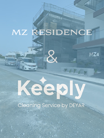 Promotional graphic for 'MZ RESIDENCE & Keeply Cleaning Service by DEYAR', showing service vans parked in front of a modern residential building and a construction site.