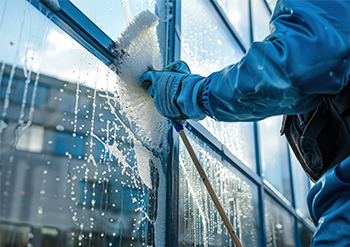 keeply employee cleaning the windows of a building