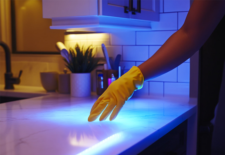 keeply employee using uvc lamp to clean and sanitize a surface.